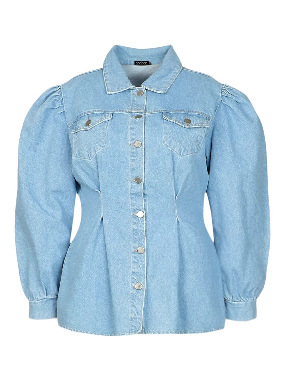 NWT BOOHOO Womens Blue Button-Up
Cinched Denim Collar Shirt Sz 14